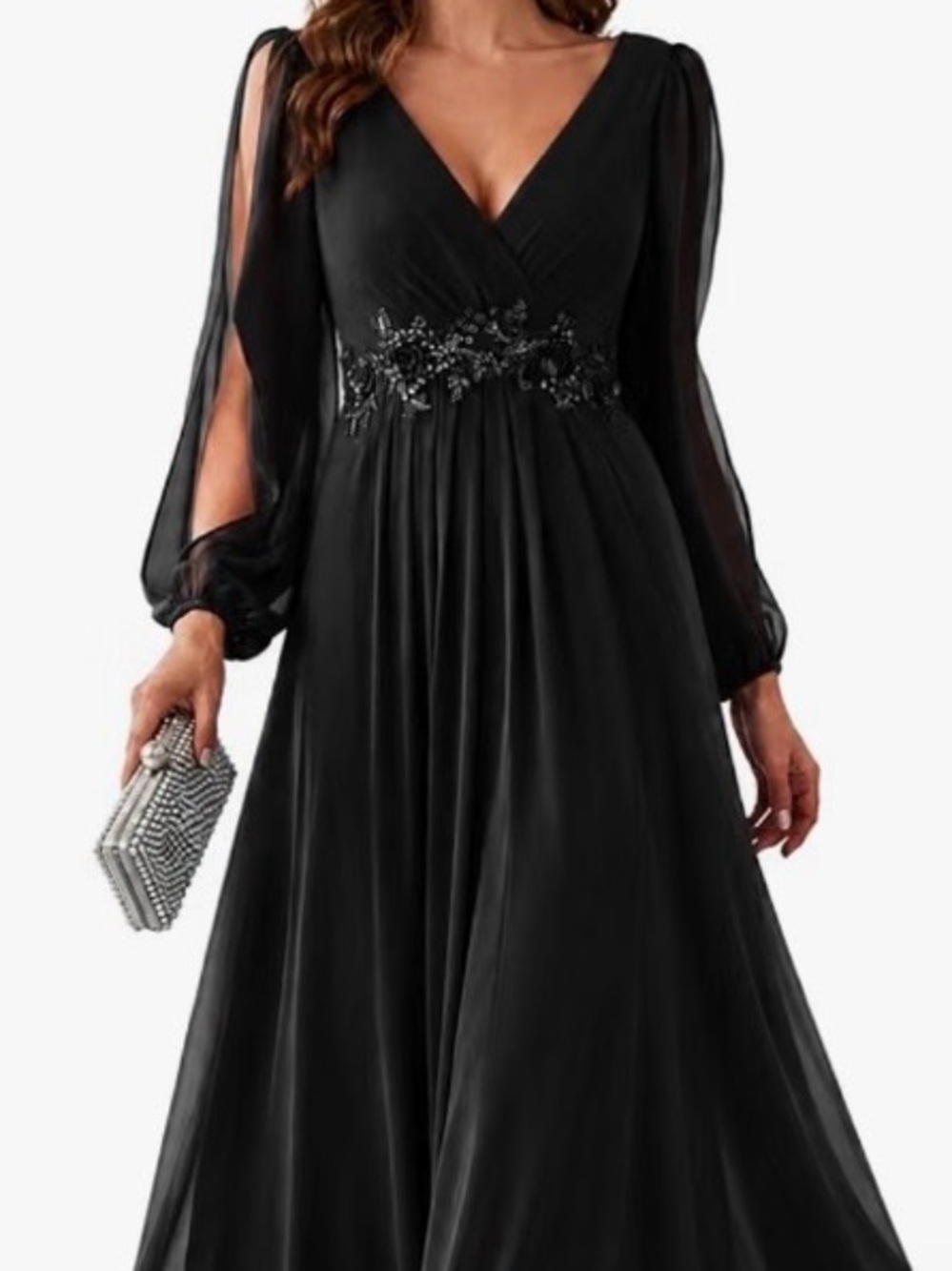 Ever Pretty Black Long Sleeve Chiffon Evening Gown with Beaded Waist